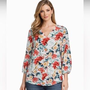 🌸 Mario Serrani Italy Floral Blouse | Size Large | V-Neck 3/4 Sleeve Top
